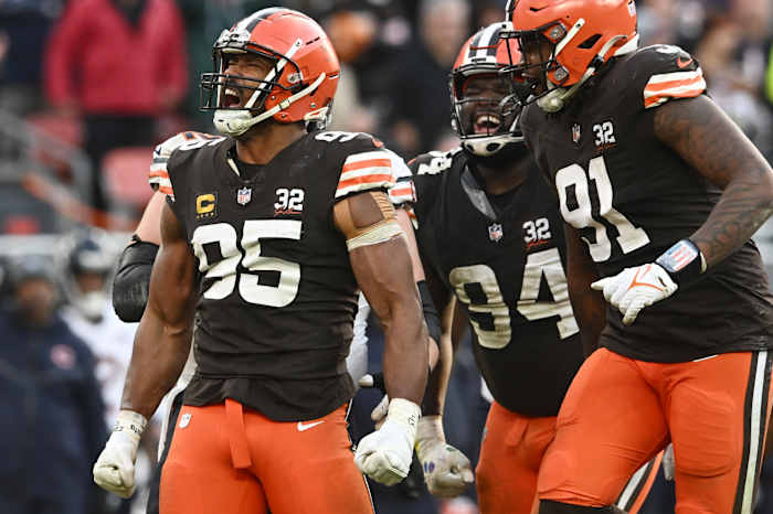 Dec 17, 2023; Cleveland, Ohio, USA; Cleveland Browns defensive end Myles Garrett (95) celebrates after making a tackle during the second half against the Chicago Bears at Cleveland Browns Stadium. Mandatory Credit: Ken Blaze-USA TODAY Sports
